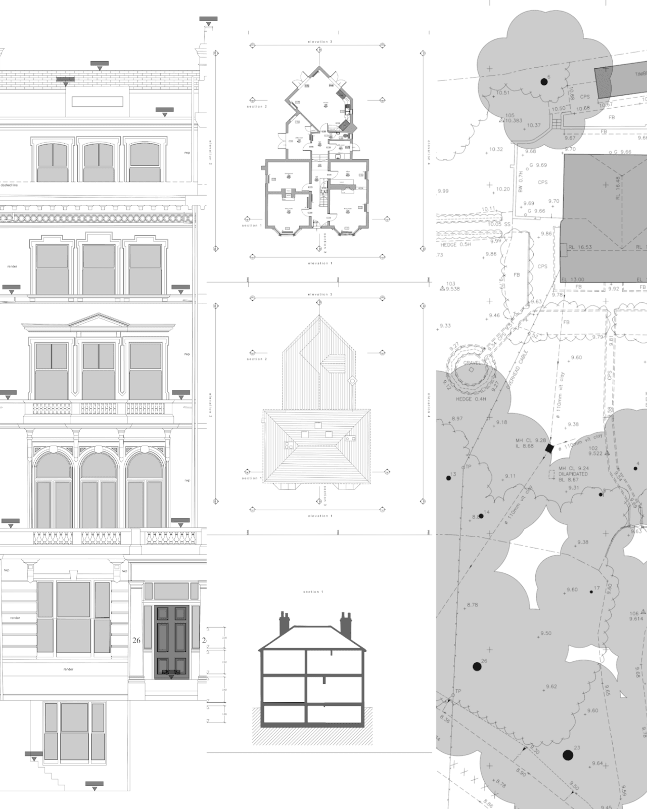 Detailed measured building elevations, floor plans and topographic survey drawings