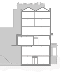 Measured building survey section drawing showing internal floor and ceiling levels